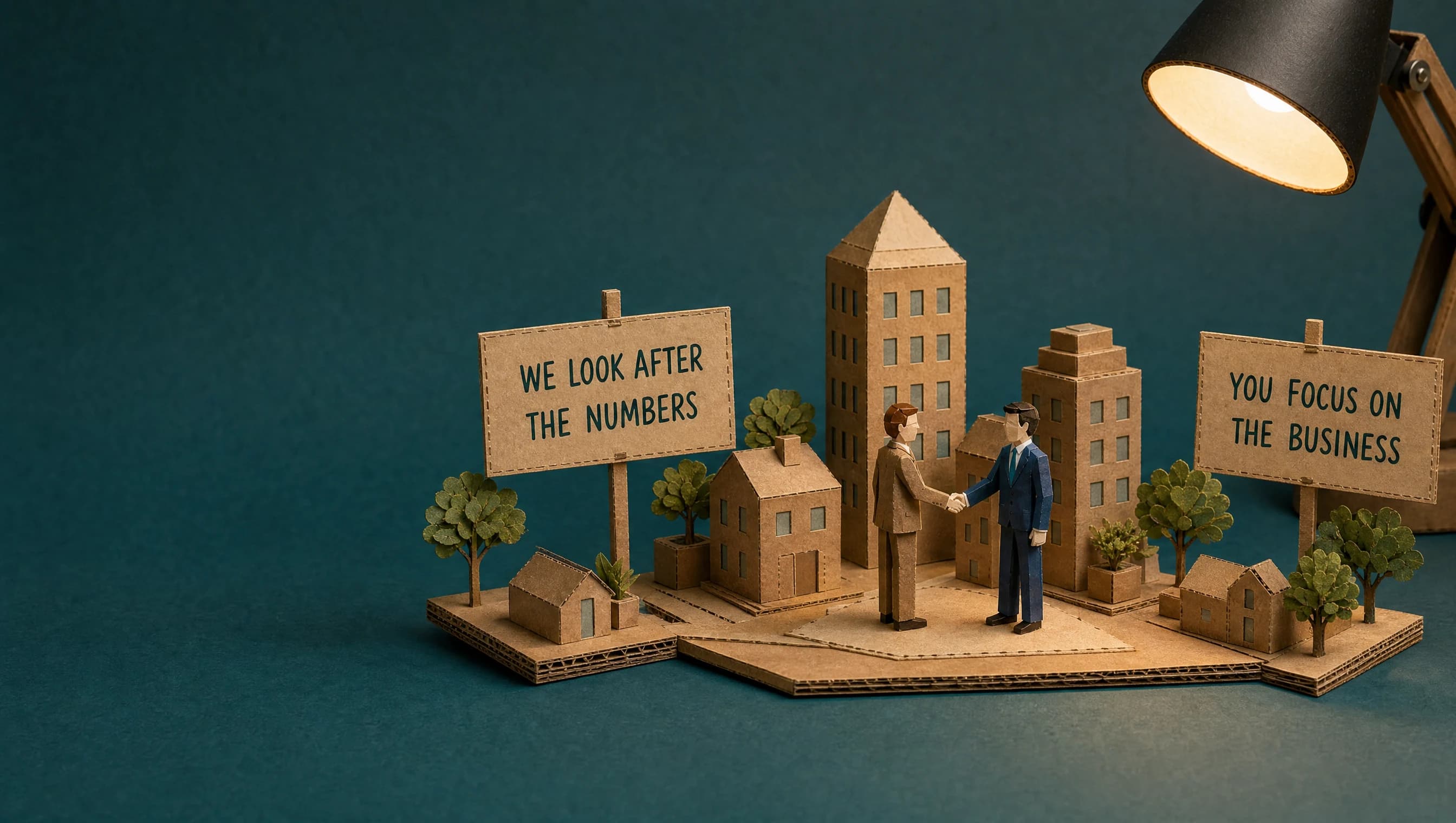 A paper-crafted Cheshire business community with two owners meeting among miniature buildings