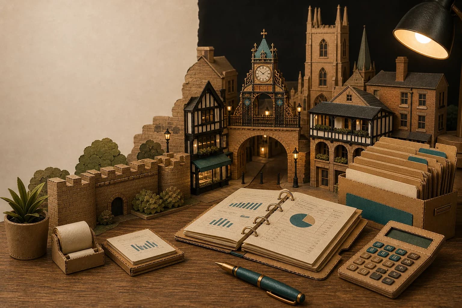 Paper-crafted Chester scene with the historic Rows, city walls, independent businesses and organised accounts