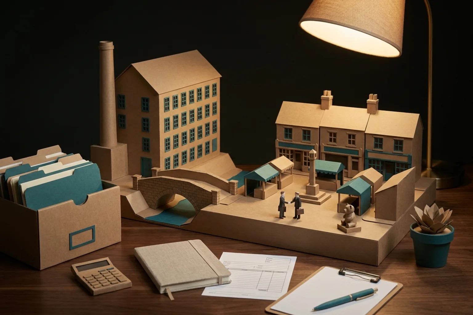Paper-crafted Congleton scene with the historic Town Hall, independent shopfronts, a converted mill and organised accounts folders