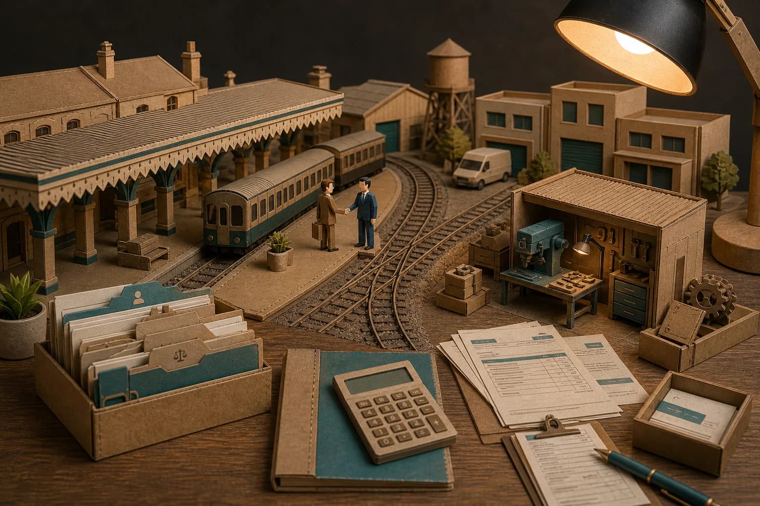 Paper-crafted Crewe scene with railway engineering references, business units and organised financial records