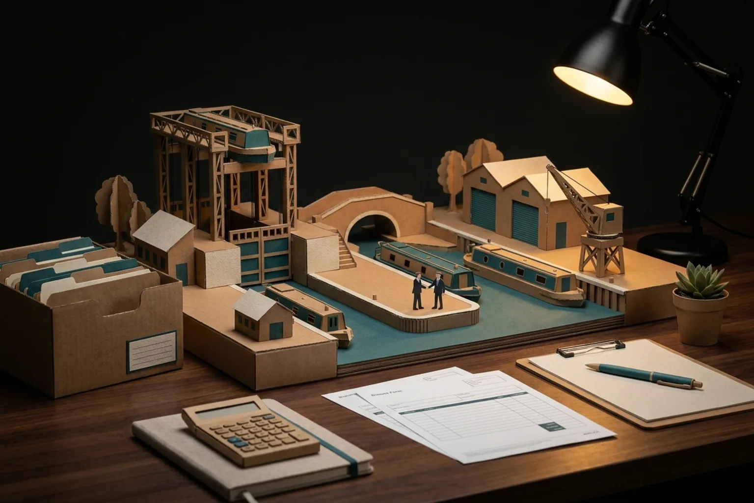 Paper-crafted Ellesmere Port scene with canal-side industry, warehouse units, an outlet colonnade and orderly financial files