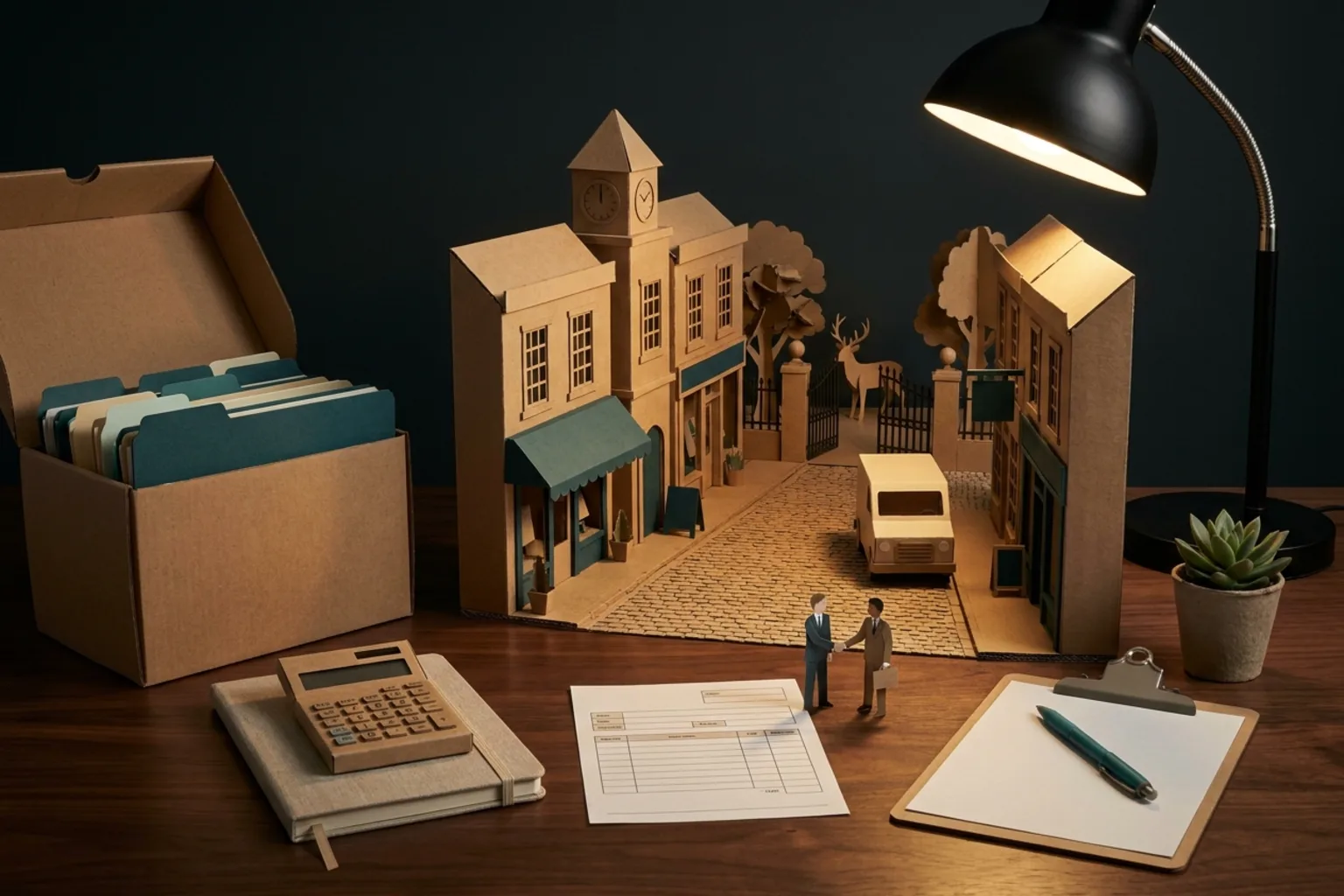 Paper-crafted Knutsford scene with historic shopfronts, a covered market hall, small offices and organised accountancy folders
