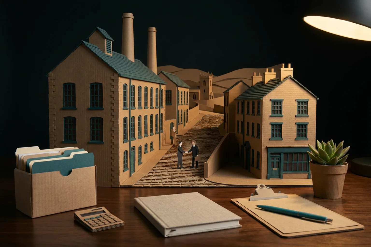 Paper-crafted Macclesfield scene with silk-mill buildings, a hillside town centre, a science building and neat accountancy folders