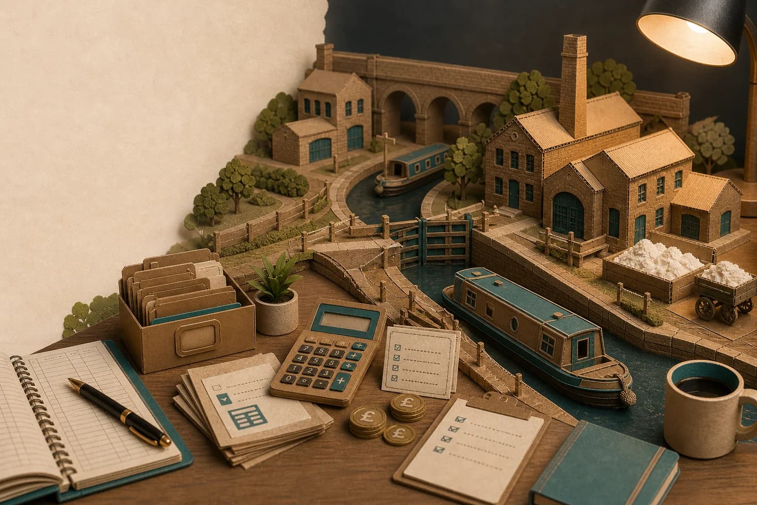 Paper-crafted Middlewich scene with canals, industrial buildings, local businesses and orderly financial files