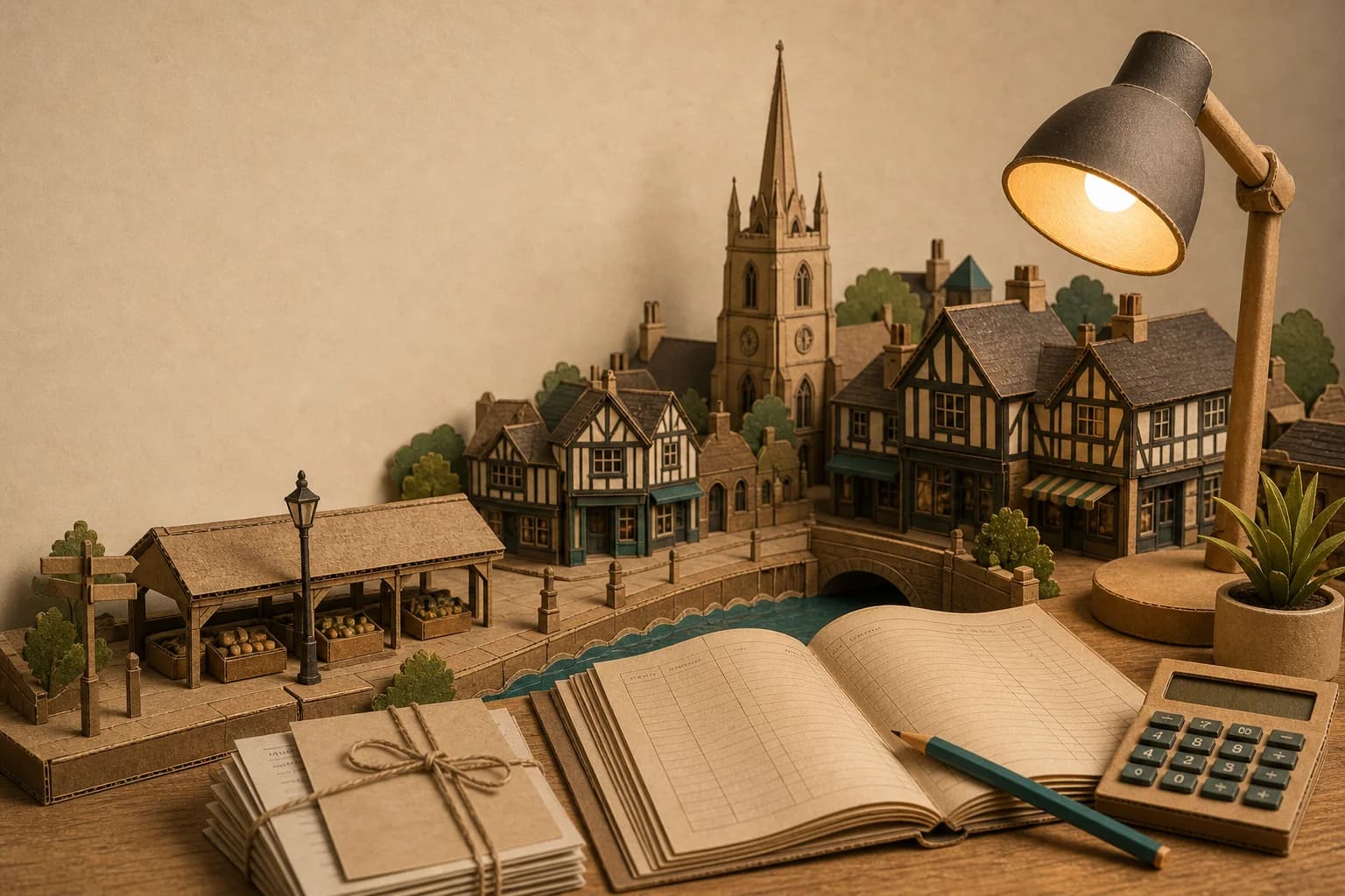 Paper-crafted Nantwich scene with historic buildings, independent businesses and organised accountancy files
