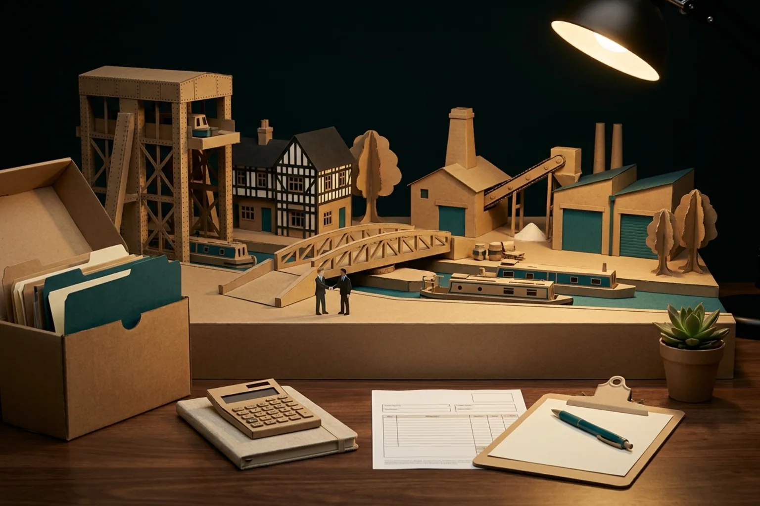 Paper-crafted Northwich scene with a chemical works, black-and-white town buildings, the river and orderly VAT and payroll folders