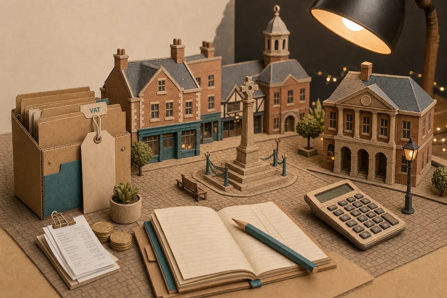Paper-crafted Sandbach scene with the cobbled town square, market buildings and small-business accounts folders