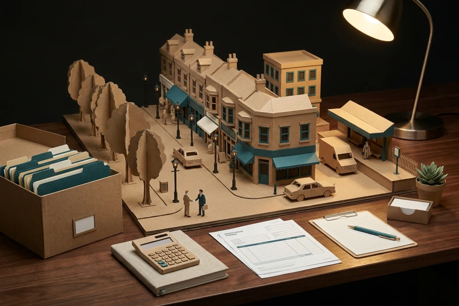 Paper-crafted Wilmslow scene with a small-town office parade, independent shopfronts, a railway line and organised tax and payroll files
