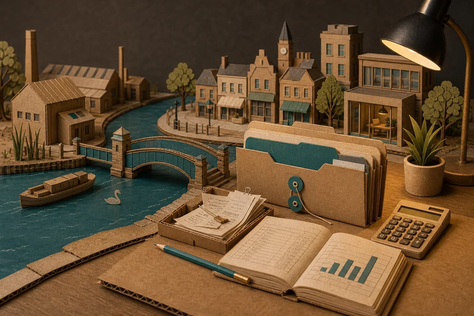 Paper-crafted Winsford scene with River Weaver references, industrial buildings, town-centre units and accountancy files