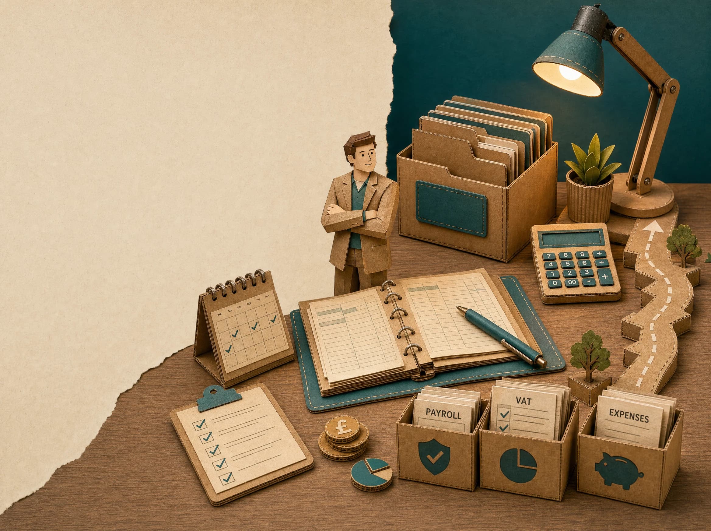 Paper-crafted business owner with organised accounts, payroll, VAT and planning materials