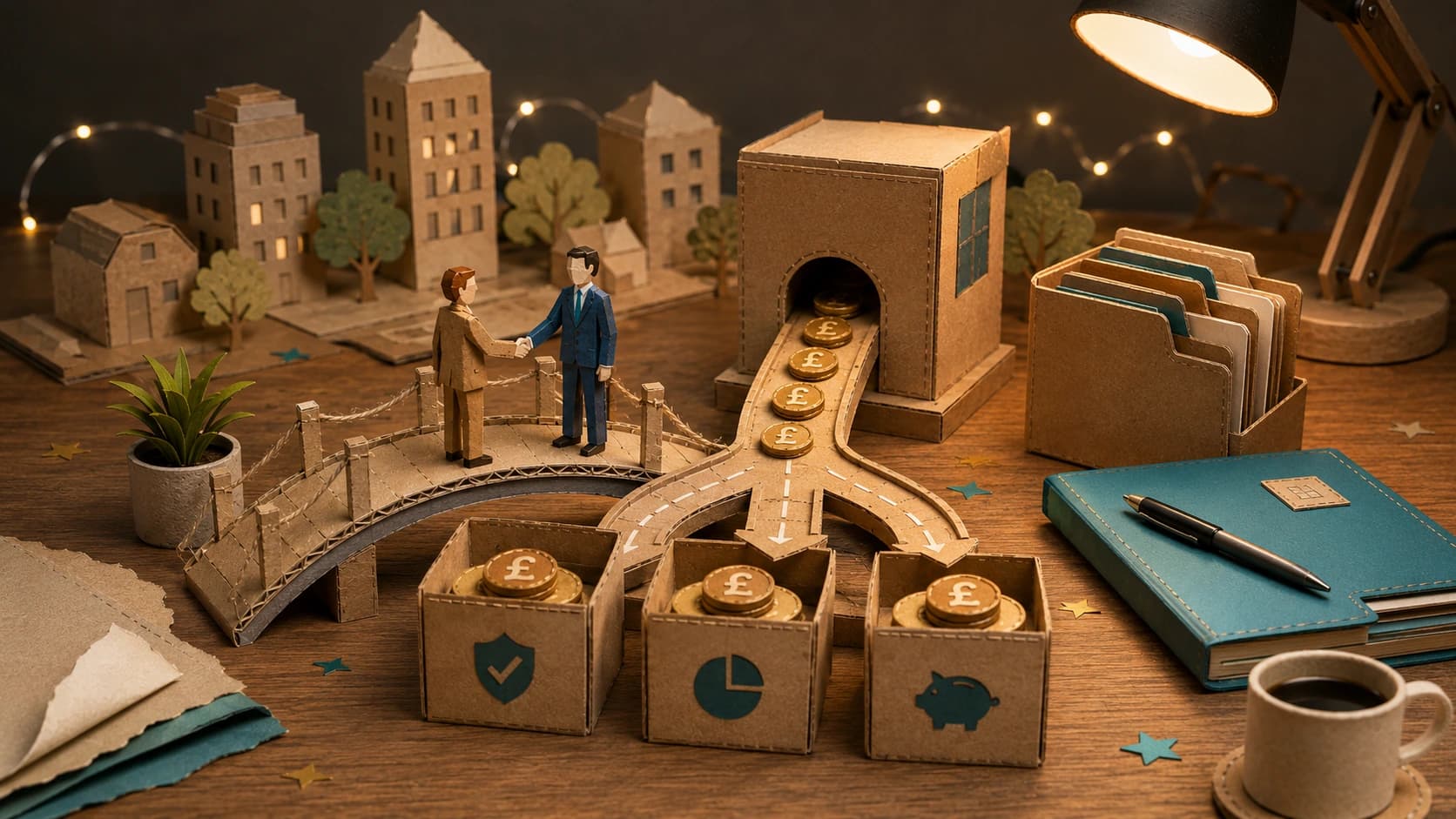 Paper-craft diorama of Minshall & Co's accountancy world: stitched cardboard business card, bridge, gold savings markers and tax relief boxes