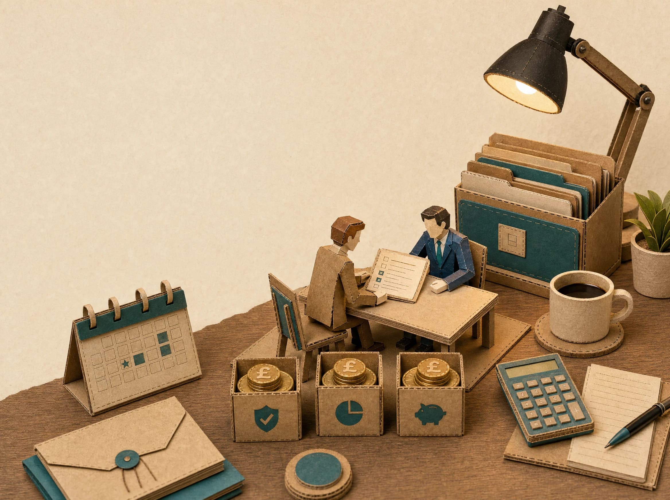 Paper-crafted adviser helping an individual organise a tax return and HMRC paperwork
