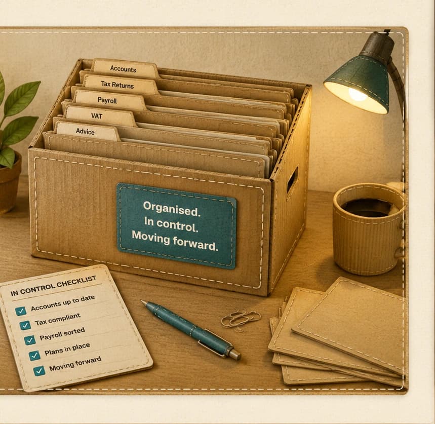 Cardboard file box with accountancy folders, checklist and desk stationery